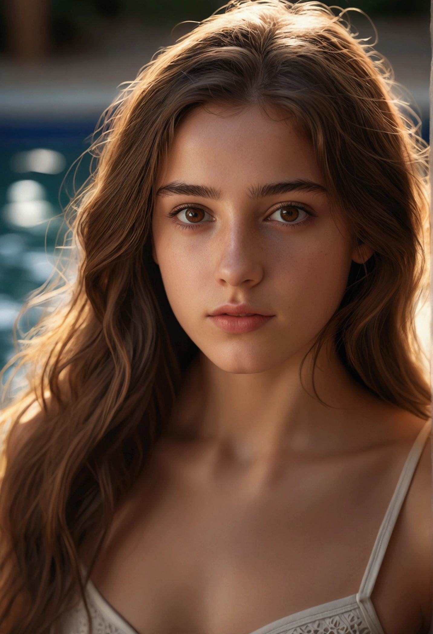 a photorealistic portrait of a 21-year-old french girl with long flowing brown hair, striking brown eyes, and a natural approachable expression, 8k, highly detailed, hyper realistic, cinematic lighting, chiaroscuro, warm color tones, dramatic shadows, flawless skin, intricate detail, masterpiece, in bikini, nice feet
