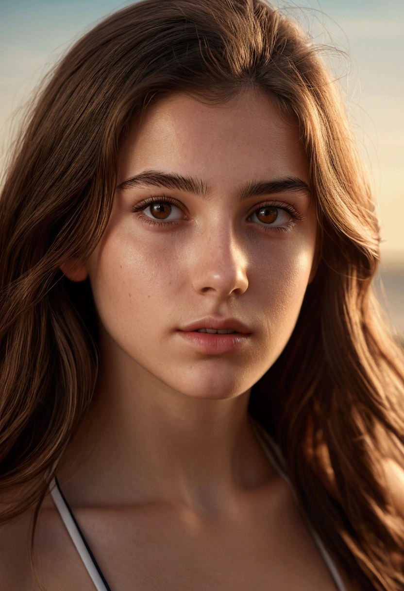 a photorealistic portrait of a 21-year-old french girl with long flowing brown hair, striking brown eyes, and a natural approachable expression, 8k, highly detailed, hyper realistic, cinematic lighting, chiaroscuro, warm color tones, dramatic shadows, flawless skin, intricate detail, masterpiece, in bikini, nice feet