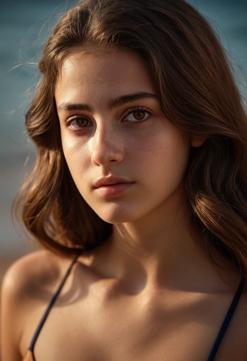 a photorealistic portrait of a 21-year-old french girl with long flowing brown hair, striking brown eyes, and a natural approachable expression, 8k, highly detailed, hyper realistic, cinematic lighting, chiaroscuro, warm color tones, dramatic shadows, flawless skin, intricate detail, masterpiece, in bikini, nice feet
