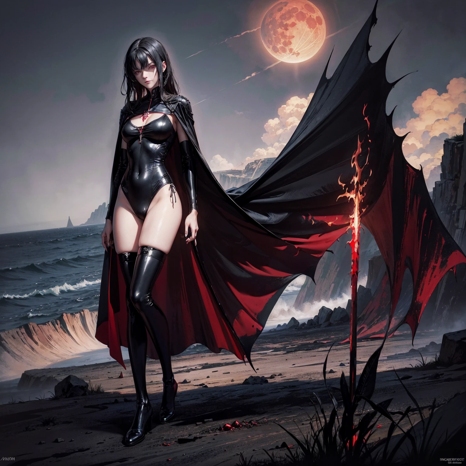 best quality, 4K, high resolution, masterpiece:1.2, Very detailed, actual:1.37, Mood lighting, Girl in a long cape, Only wearing a reflective latex one-piece swimsuit including a reflective rubber bra and a pair of knee-high stockings, Exposes the navel,Shows the skin above the chest, Aloofness emotion, Dangerous sneer, Black Hair, Standing, Facing the camera, Crucified, Pitch black sky, Blood-red moon, strange atmosphere, Gothic style, Unforgettable beauty, Dramatic shadows, Ethereal Light, Mysterious atmosphere.
