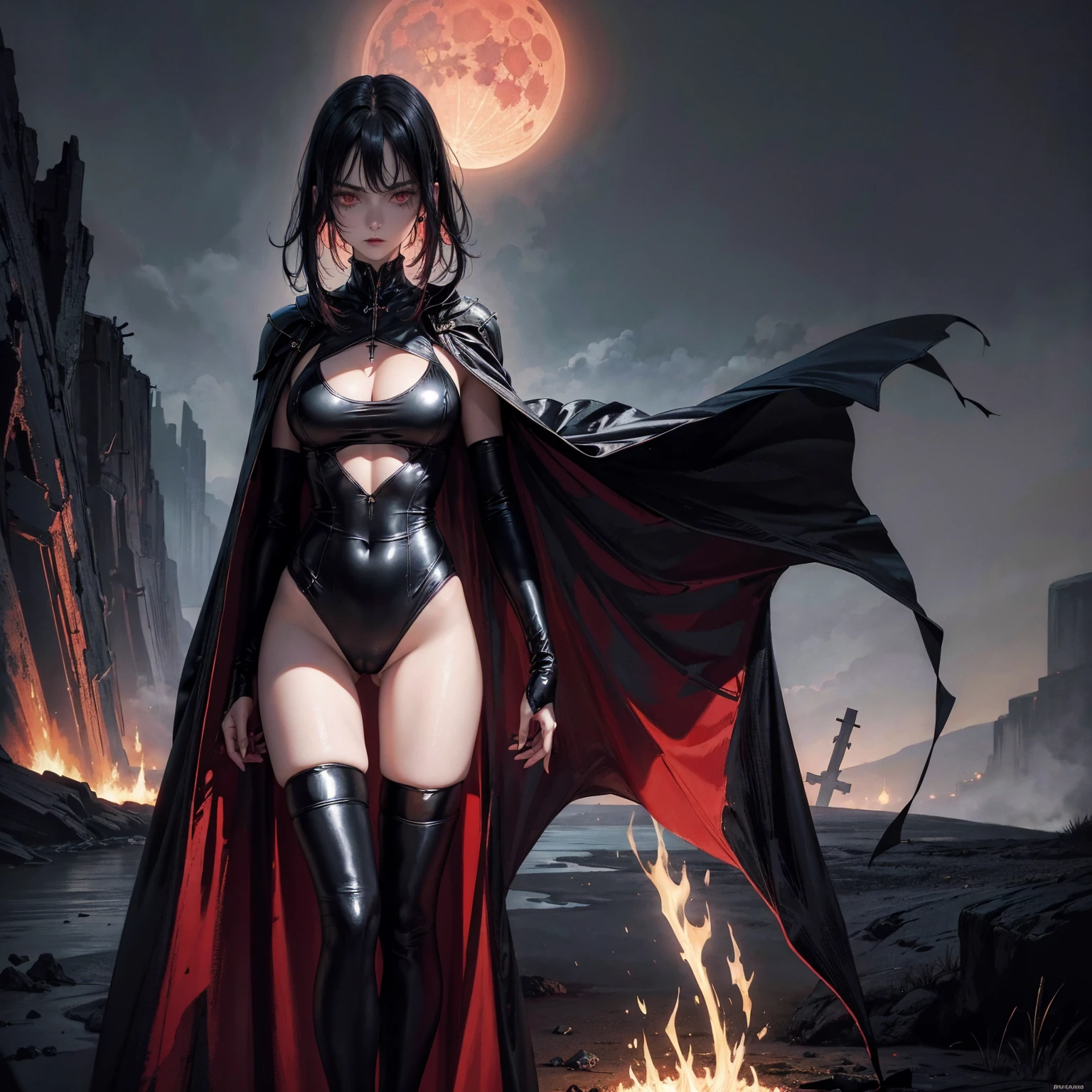 best quality, 4K, high resolution, masterpiece:1.2, Very detailed, actual:1.37, Mood lighting, Girl in a long cape, Only wearing a reflective latex one-piece swimsuit including a reflective rubber bra and a pair of knee-high stockings, Exposes the navel,Shows the skin above the chest, Aloofness emotion, Dangerous sneer, Black Hair, Standing, Facing the camera, Crucified, Pitch black sky, Blood-red moon, strange atmosphere, Gothic style, Unforgettable beauty, Dramatic shadows, Ethereal Light, Mysterious atmosphere.