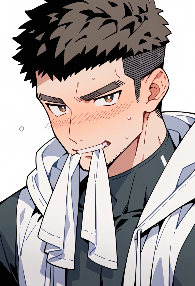 anime characters：Muscle monk, Muscle Sports Student, Manliness, male focus, Sports tight hooded sweatshirt, Very tight, full and perky chest muscles, muscular male, muscular, only, Upper body, alone, Black short hair, Thick eyebrows, stubble, Brown-red pupils, White background, simple background, amazing quality, best aesthetics, Ridiculous, crew cut, blush, mouth hold, Mouth biting a white towel, embarrassed, shy, endured face, negative space, best quality