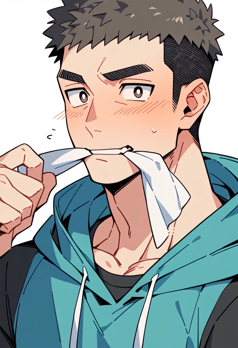 anime characters：Muscle monk, Muscle Sports Student, Manliness, male focus, Sports tight hooded sweatshirt, Very tight, full and perky chest muscles, muscular male, muscular, only, Upper body, alone, Black short hair, Thick eyebrows, stubble, Brown-red pupils, White background, simple background, amazing quality, best aesthetics, Ridiculous, crew cut, blush, mouth hold, Mouth biting a white towel, embarrassed, shy, endured face, negative space, best quality