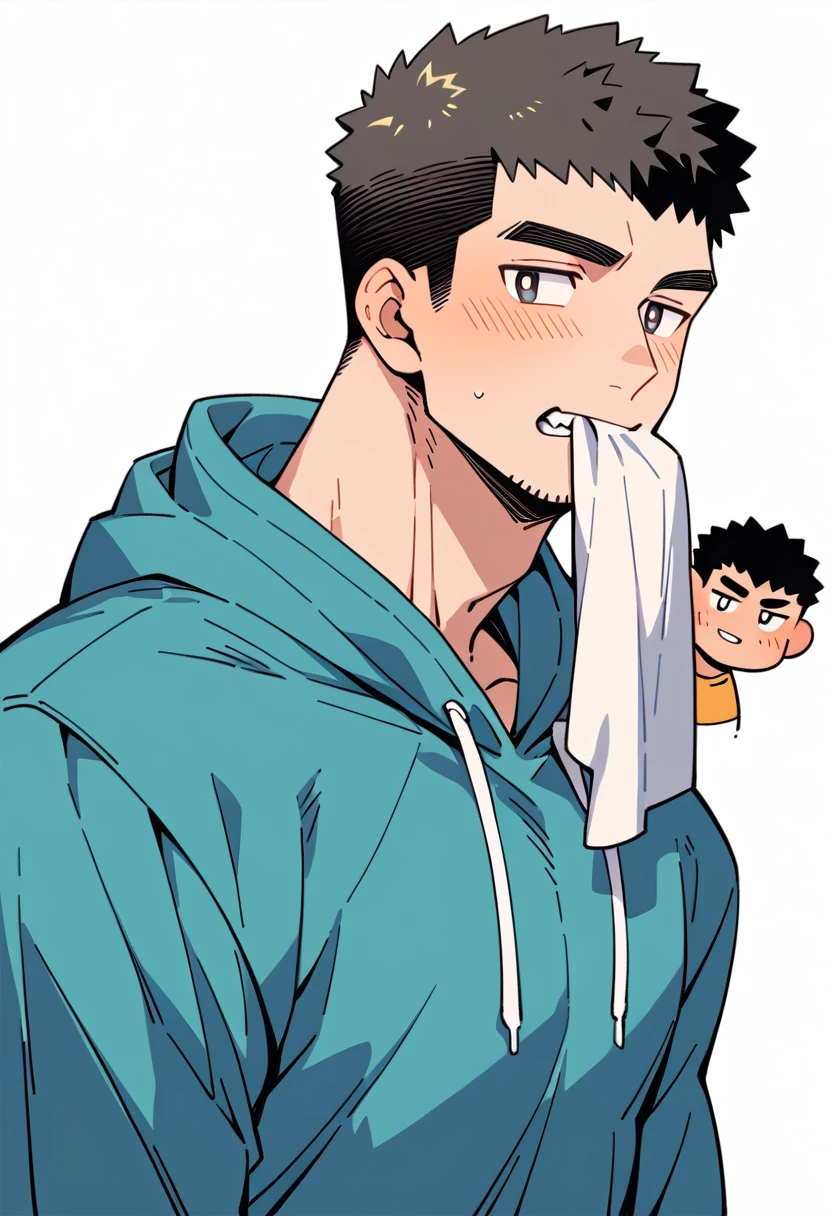anime characters:Muscle monk, Muscle Sports Student, Manliness, male focus, Sports tight hooded sweatshirt, Very tight, full and perky chest muscles, muscular male, muscular, only, Upper body, alone, Black short hair, Thick eyebrows, stubble, Brown-red pupils, White background, simple background, amazing quality, best aesthetics, Ridiculous, crew cut, blush, mouth hold, Mouth biting a white towel, embarrassed, shy, endured face, negative space, best quality