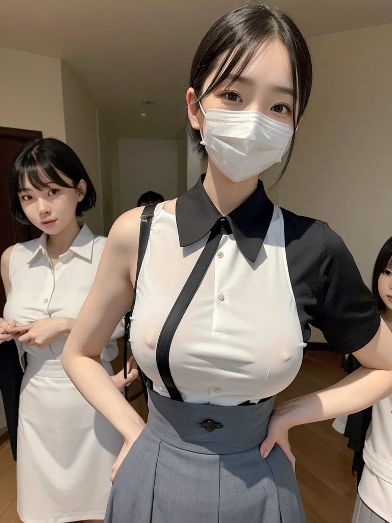Highest quality、masterpiece、8k、Very detailed、Realistic、Looking at me with a smile、whole body、Black Hair、Short Hair、Small face、Slender、(Very large breasts:1.2)、Thin and beautiful legs、narrow and constricted waist,、(Family Restaurant Uniforms:1.2)、A tight, see-through, sleeveless white shirt with buttons and a collar、A short, black, high-waisted skirt、(Nobody background:1.2)、mask、Erect nipples