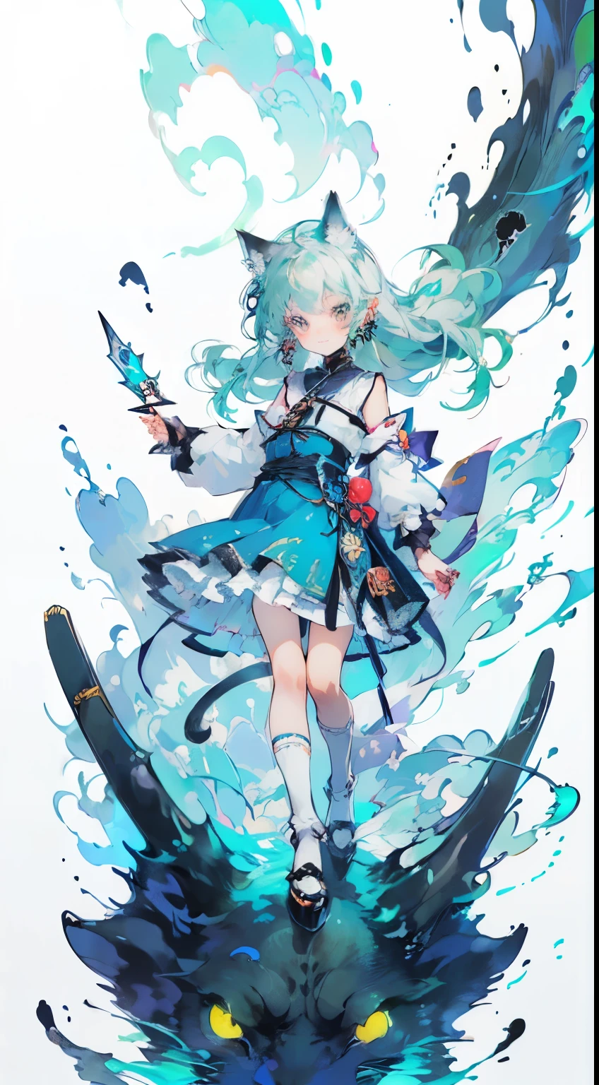 ((Tabletop, Highest quality: 1.1), ((Anime girl in a blue dress holding a magic wand)), Art Nouveau、メイド服を着たアニメのCat girl, , ((Green hairs))、Long-haired、((Eyes like shining jewels Long lashes Transparency))、Very Beautiful Anime Cat girl, アニメCat girl, ((White knee-high socks)), 魅力的なCat girl, Inspired by Leiko Ikemura, Takano Aya color style, in ryuuou no oshigoto art style, Cat girl, Favorite character, rei hiroe、With a smile