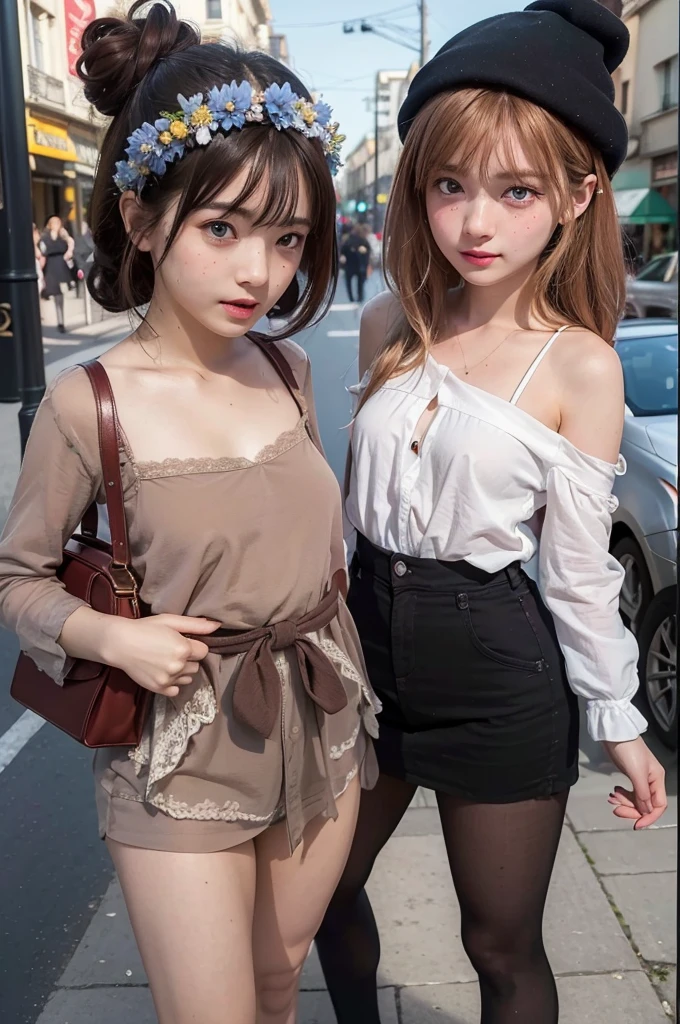 primitive,, (((Two girls,duo,caressing the))),Nikon Z 85mm, award-winning glamorous photography,((Best quality)), ((Masterpiece)), ((Realistic)), 18th century, Vintage image, Beautiful French woman wears, Lace dress, Wearing a crown, 25 years, (Long brown hair), Brown eyes, (Large breasts), Sitting outside a café in Paris, Eiffel tower in the background, small, ((Small breasts)), Innocent, Flower pedal in the air,  ((freckle)), Intricate details, Highly detailed, Sharp focus, professional, 4K, spring flowers blooming, divine rays, Hand model, stunning blue eyes, small, Delicate, Innocent, high resolution, Detailed facial features, High detail, Sharp focus, smooth, Aesthetic, Extremely detailed, photore_\(Supergianthugebreasts\), Photorealistic, Realistic, Post-processing, Maximum detail, Roughness, Real life, Ultra photo realsisim, Photorealism, Photography, 8K  UHD, Photography, light SEMI-SILHOUETTE, russian face