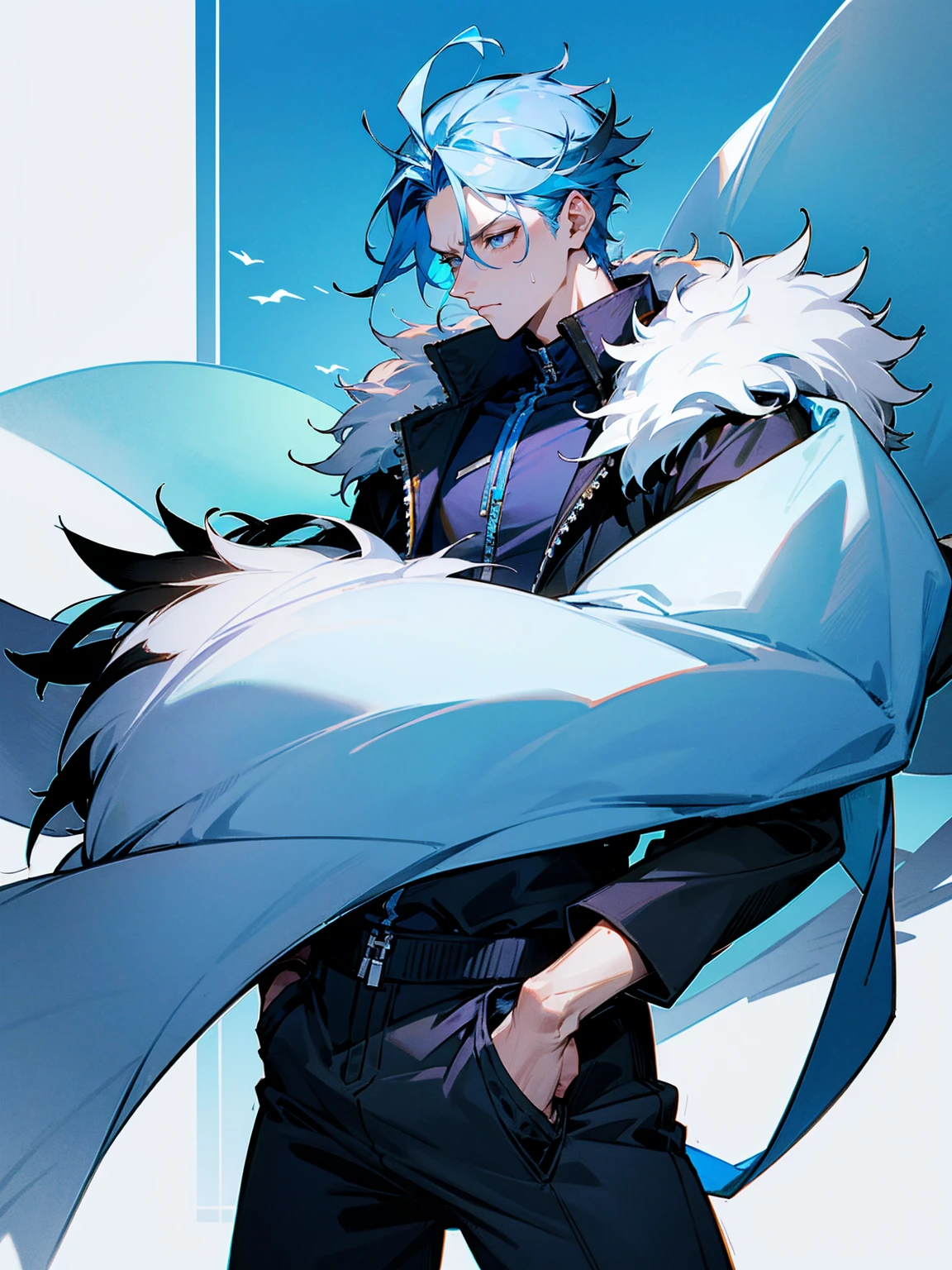 1male, adult, sky blue hair, Vergil hair, fur coat, black sweatpants, tired expression, lean build