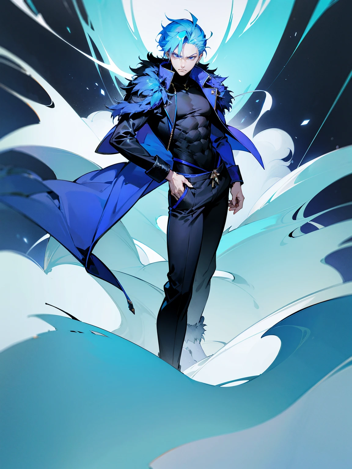 1male, adult, sky blue hair, Vergil hair, fur coat, black sweatpants, tired expression, lean build