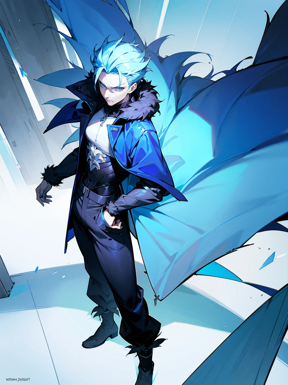 1male, adult, sky blue hair, Vergil hair, fur coat, black sweatpants, tired expression, lean build