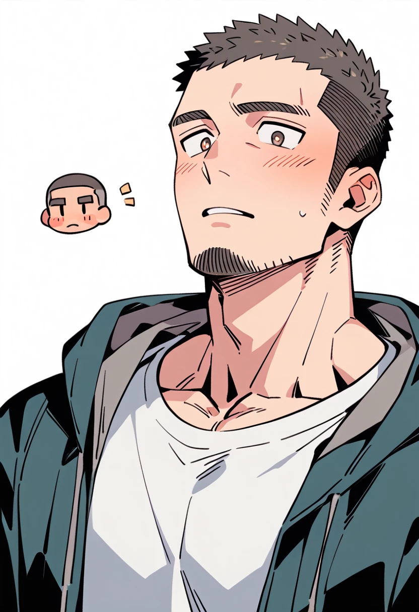 anime characters:Priapus, Muscle Sports Student, Buzz Cut, Manliness, male focus, Sports tight hooded sweatshirt, Very tight, full and perky chest muscles, muscular male, muscular, only, Upper body, alone, Red short hair, Thick eyebrows, stubble, Brown-red pupils, White background, simple background, amazing quality, best aesthetics, Ridiculous, crew cut, parted lips, flustered, endured face, shy, blush, negative space, best quality