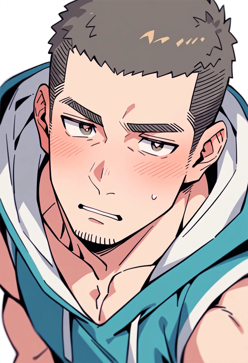 anime characters:Priapus, Muscle Sports Student, Buzz Cut, Manliness, male focus, Sports tight hooded sweatshirt, Very tight, full and perky chest muscles, muscular male, muscular, only, Upper body, alone, Red short hair, Thick eyebrows, stubble, Brown-red pupils, White background, simple background, amazing quality, best aesthetics, Ridiculous, crew cut, parted lips, flustered, endured face, shy, blush, negative space, best quality
