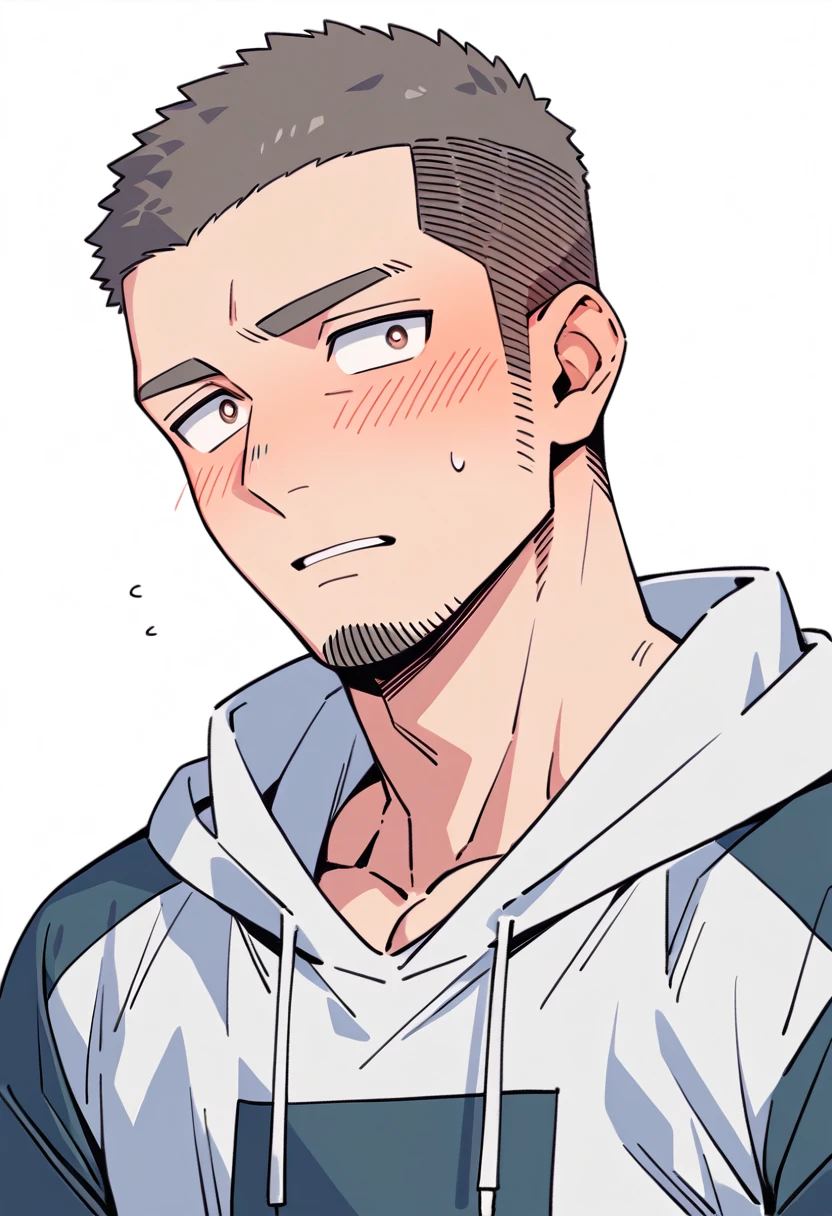 anime characters:Priapus, Muscle Sports Student, Buzz Cut, Manliness, male focus, Sports tight hooded sweatshirt, Very tight, full and perky chest muscles, muscular male, muscular, only, Upper body, alone, Red short hair, Thick eyebrows, stubble, Brown-red pupils, White background, simple background, amazing quality, best aesthetics, Ridiculous, crew cut, parted lips, flustered, endured face, shy, blush, negative space, best quality