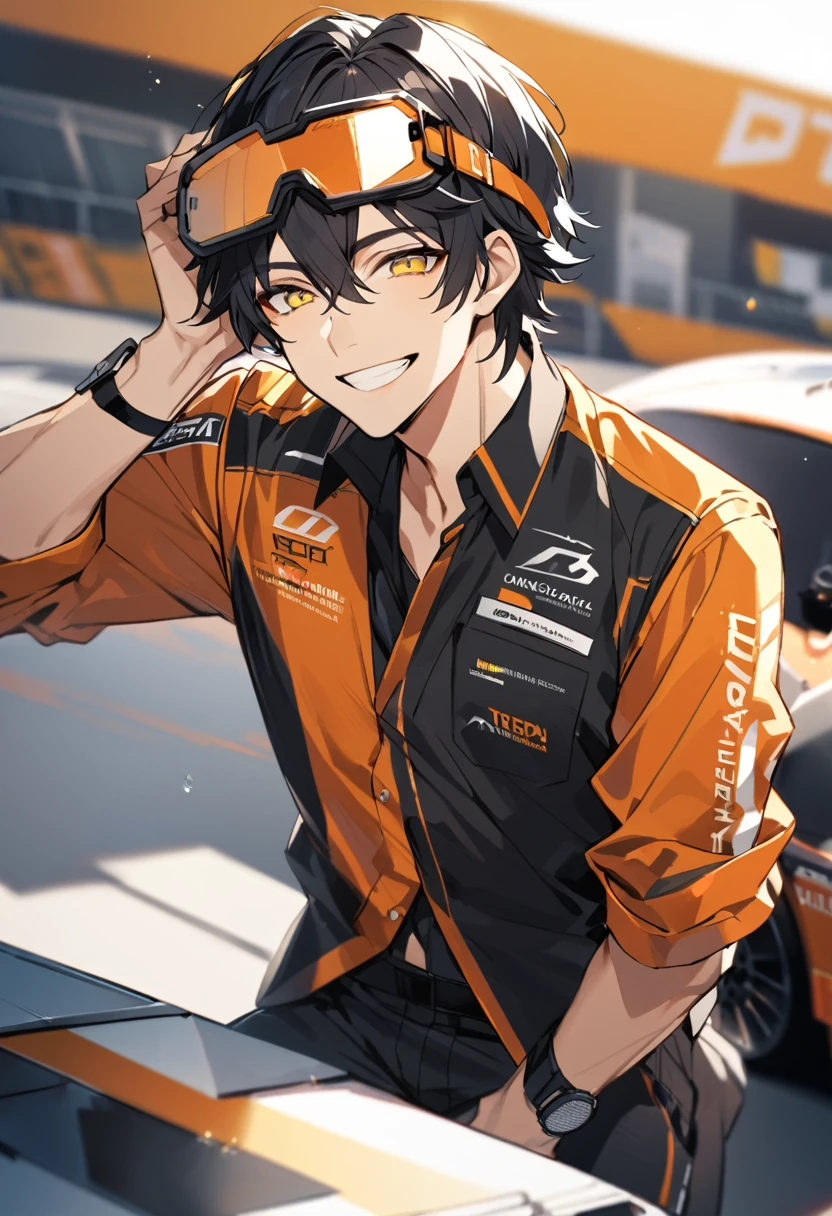 Solo, 1 male, black hair with orange highlights, yellow eyes, safety glasses on the head, race engineer, black and white shirt, black pants, smile facial