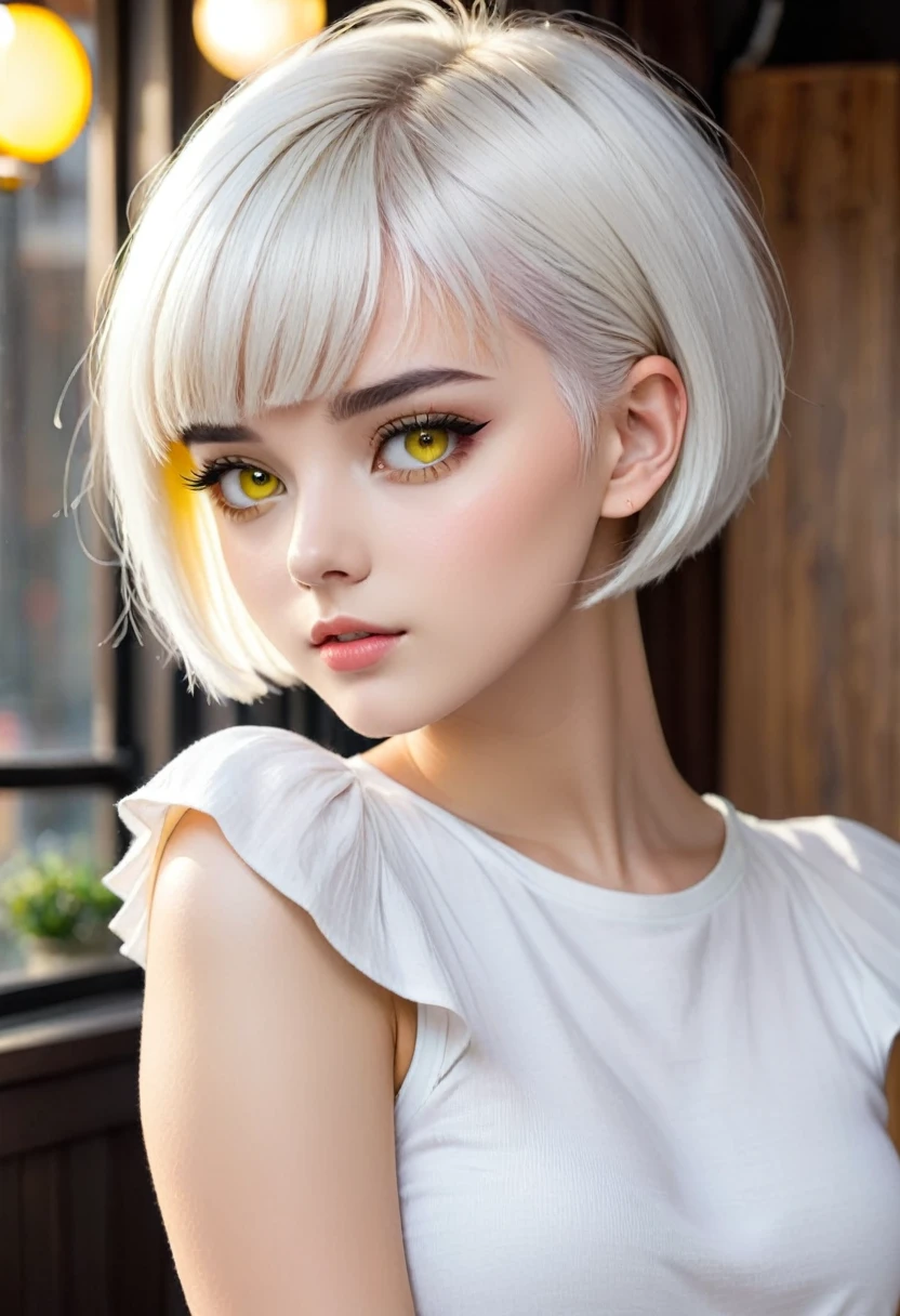 Girl with white short hair. The sides are shaved and the bangs are combed back. She has yellow eyes and a beautiful face. She&#39;s 18