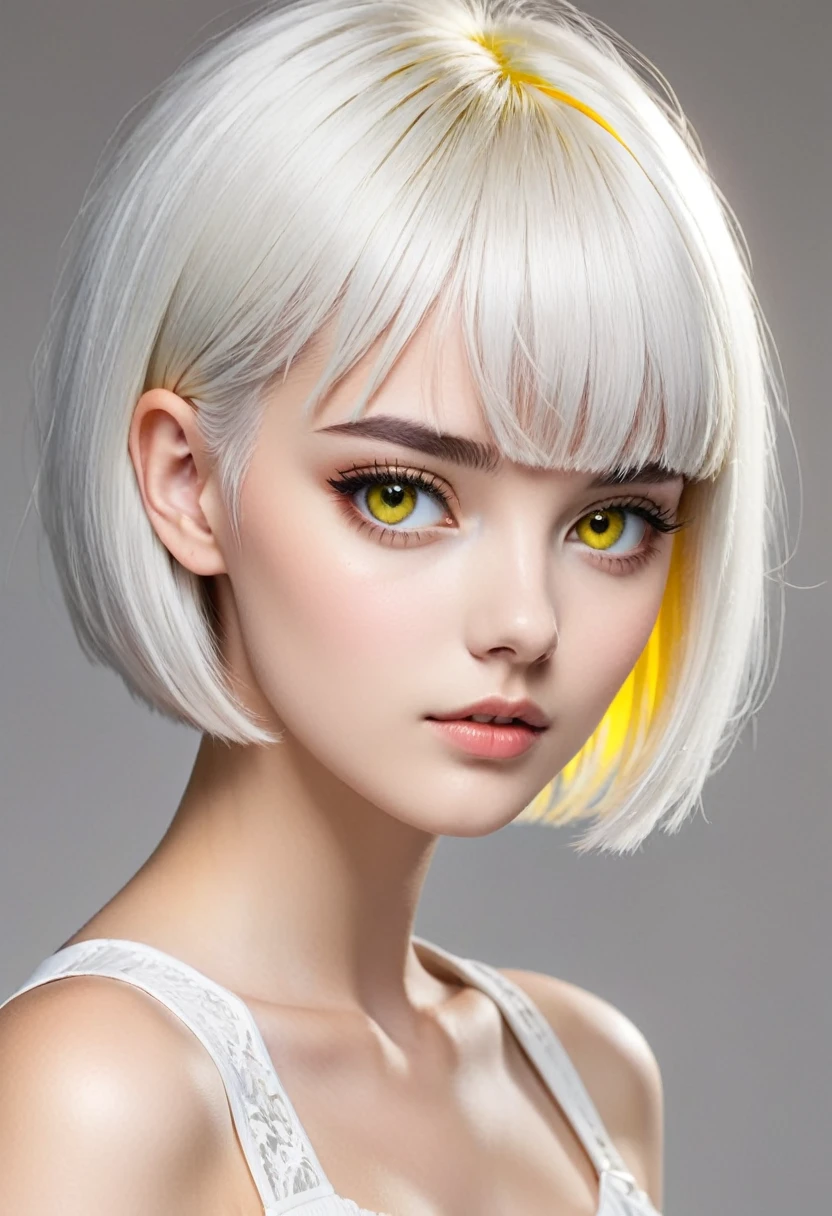 Girl with white short hair. The sides are shaved and the bangs are combed back. She has yellow eyes and a beautiful face. She's 18