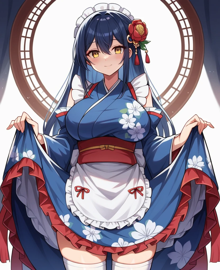 (best quality:2.0), (highres:2.0), (perfect anatomy:1.4), (perfect lighting:1.4), (vivid color:1.4), (detailed face and eyes:1.2),
(1girl:1.2, solo:1.2), upper body, standing,
kimono, detached sleeves, (frills:1.2), (floral print:1.2), (skirt hold:1.2)
(White background:1.2)
ADDCOMM
(best quality:2.0), (highres:2.0), (perfect anatomy:1.4), (perfect lighting:1.4), (vivid color:1.4), (detailed face and eyes:1.2),
(aged down:1.1), (big pupils:1.1), (Yellow Eyes:1.3), (sonoda umi:1.2), Blue hair, (long hair:1.2), straight hair, swept bangs, hair between eyes, (lips:0.8), huge breasts, narrow waist, blush, (closed mouth:1.4), smile, hair flower
kimono, detached sleeves, (frills:1.2), (floral print:1.2), (skirt hold:1.2)
ADDROW
kimono, detached sleeves, apron, (frills:1.2), (floral print:1.2), (skirt hold:1.2)
(apron:1.2), wide sleeves, white thighhighs, zettai ryouiki, floral print, skirt