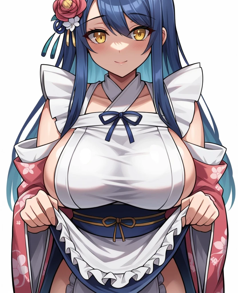 (best quality:2.0), (highres:2.0), (perfect anatomy:1.4), (perfect lighting:1.4), (vivid color:1.4), (detailed face and eyes:1.2),
(1girl:1.2, solo:1.2), upper body, standing,
kimono, detached sleeves, (frills:1.2), (floral print:1.2), (skirt hold:1.2)
(White background:1.2)
ADDCOMM
(best quality:2.0), (highres:2.0), (perfect anatomy:1.4), (perfect lighting:1.4), (vivid color:1.4), (detailed face and eyes:1.2),
(aged down:1.1), (big pupils:1.1), (Yellow Eyes:1.3), (sonoda umi:1.2), Blue hair, (long hair:1.2), straight hair, swept bangs, hair between eyes, (lips:0.8), huge , narrow waist, blush, (closed mouth:1.4), smile, hair flower
kimono, detached sleeves, (frills:1.2), (floral print:1.2), (skirt hold:1.2)
ADDROW
kimono, detached sleeves, apron, (frills:1.2), (floral print:1.2), (skirt hold:1.2)
(apron:1.2), wide sleeves, white thighhighs, zettai ryouiki, floral print, skirt