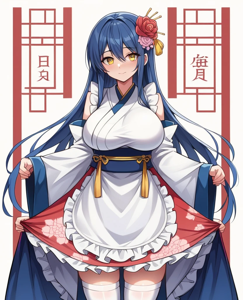 (best quality:2.0), (highres:2.0), (perfect anatomy:1.4), (perfect lighting:1.4), (vivid color:1.4), (detailed face and eyes:1.2), 
(1girl:1.2, solo:1.2), upper body, standing, 
kimono, detached sleeves, (frills:1.2), (floral print:1.2), (skirt hold:1.2)
(White background:1.2)
ADDCOMM
(best quality:2.0), (highres:2.0), (perfect anatomy:1.4), (perfect lighting:1.4), (vivid color:1.4), (detailed face and eyes:1.2), 
(aged down:1.1), (big pupils:1.1), (Yellow Eyes:1.3), (sonoda umi:1.2), Blue hair, (long hair:1.2), straight hair, swept bangs, hair between eyes, (lips:0.8), huge breasts, narrow waist, blush, (closed mouth:1.4), smile, hair flower
kimono, detached sleeves, (frills:1.2), (floral print:1.2), (skirt hold:1.2)
ADDROW
kimono, detached sleeves, apron, (frills:1.2), (floral print:1.2), (skirt hold:1.2)
(apron:1.2), wide sleeves, white thighhighs, zettai ryouiki, floral print, skirt
