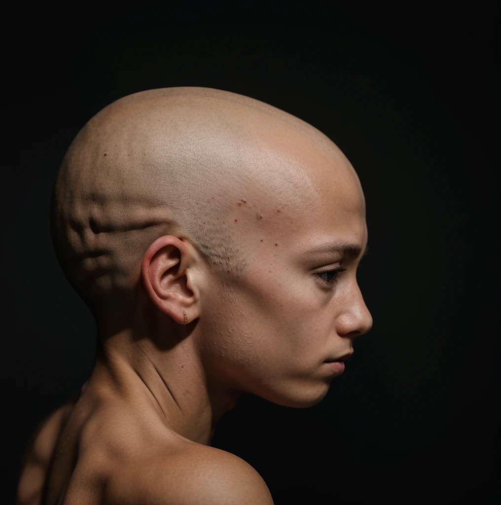 Portrait of hairless boy in profile with dark background