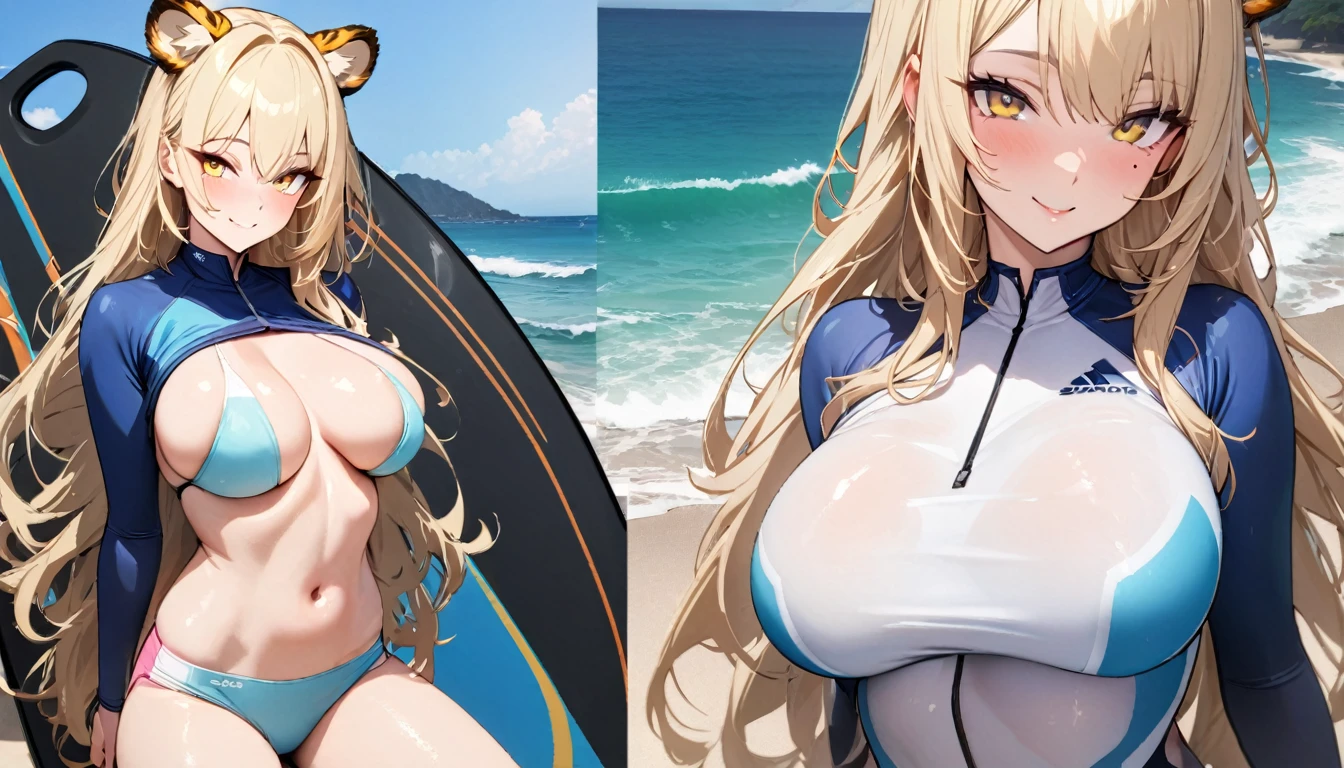 1girl、(((best quality)), ((masterpiece)), (details), masterpiece, best quality, high quality, ulutra detailed, perfect face, ((1girl, blond eyes, tiger ears: 1.3 blond long hair: 2.5,Mole under left eye:2.0))、Shiny Hair、Glowing Skin、Lustful look、Large breasts、Lie face down on a surfboard、surfing、smile、Rash guard、Shorts swimsuit、Ocean、Ocean上、