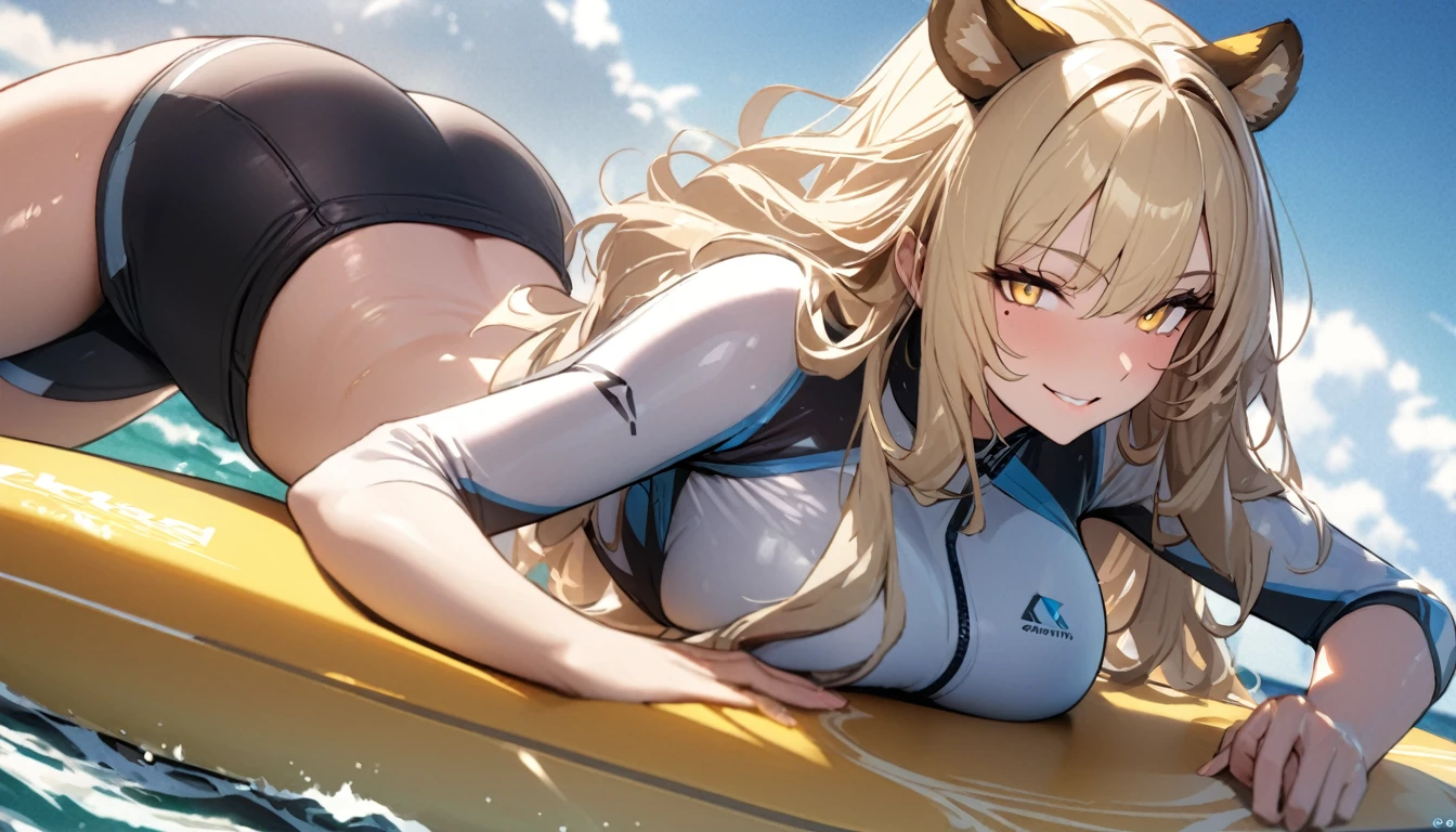 1girl、(((best quality)), ((masterpiece)), (details), masterpiece, best quality, high quality, ulutra detailed, perfect face, ((1girl, blond eyes, tiger ears: 1.3 blond long hair: 2.5,Mole under left eye:2.0))、Shiny Hair、Glowing Skin、Lustful look、Large breasts、Lie face down on a surfboard、surfing、smile、Rash guard、Shorts swimsuit、Ocean、Ocean上、