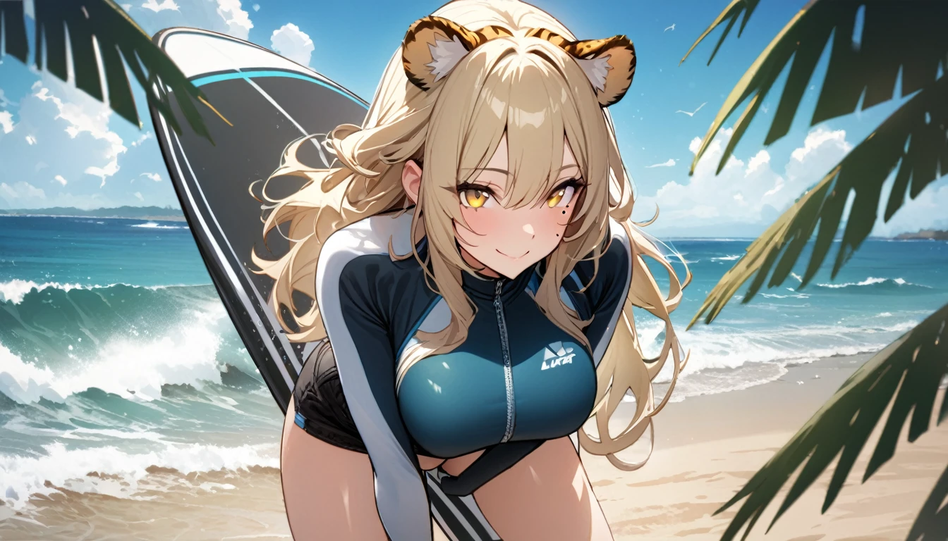 1girl、(((best quality)), ((masterpiece)), (details), masterpiece, best quality, high quality, ulutra detailed, perfect face, ((1girl, blond eyes, tiger ears: 1.3 blond long hair: 2.5,Mole under left eye:2.0))、Shiny Hair、Glowing Skin、Lustful look、Large breasts、Lie face down on a surfboard、surfing、smile、Rash guard、Shorts swimsuit、Ocean、Ocean上、