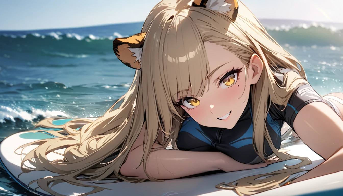1girl、(((best quality)), ((masterpiece)), (details), masterpiece, best quality, high quality, ulutra detailed, perfect face, ((1girl, blond eyes, tiger ears: 1.3 blond long hair: 2.5,Mole under left eye：2.0))、Shiny Hair、Glowing Skin、Lustful look、Large breasts、Lie face down on a surfboard、surfing、smile、Rash guard、Shorts swimsuit、Ocean、Ocean上、