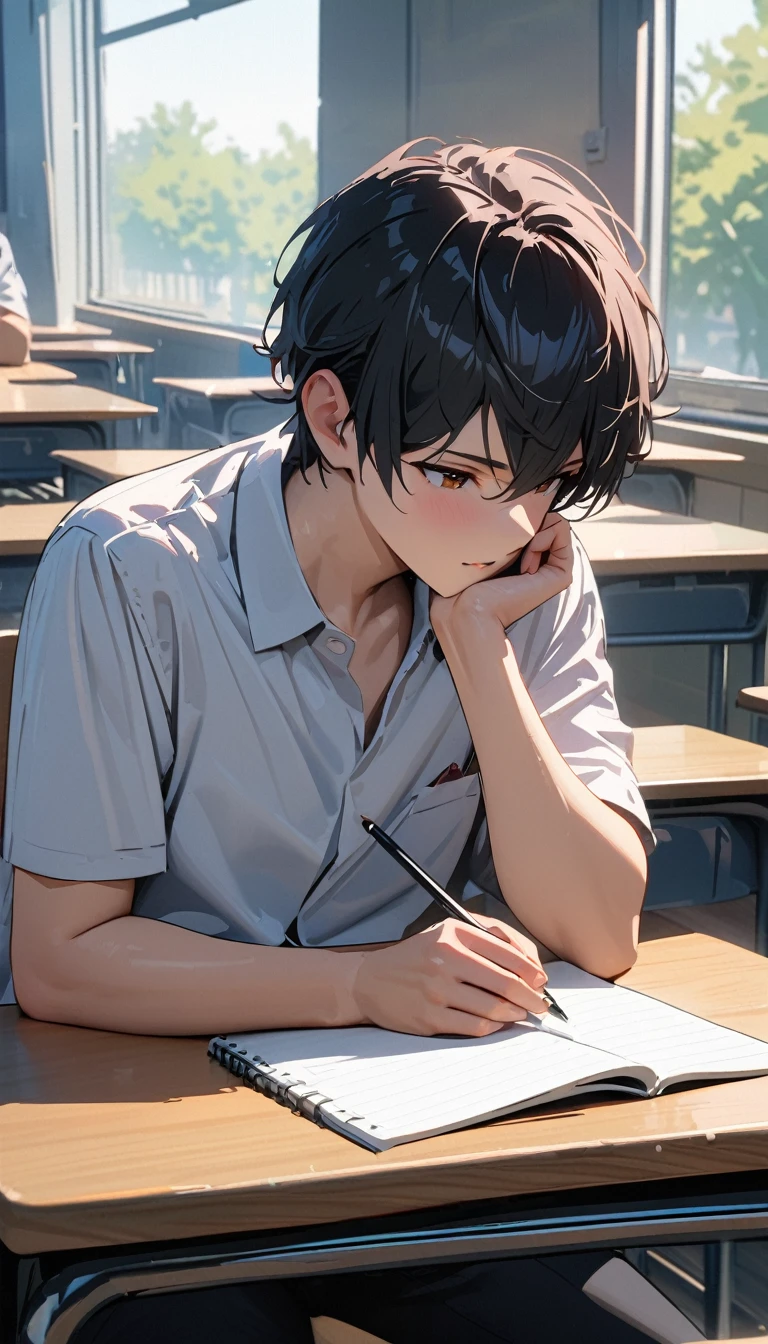 modern, Verism, masterpiece, textured skin, super detail, best quality, 4K ,One good young man,Black short hair,Taking classes at a university,is writing in a notebook on the desk,right handed,Sitting,In the university classroom.