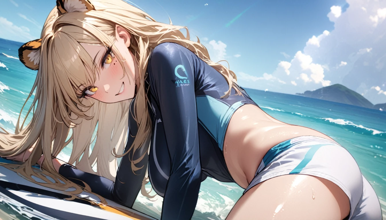 1girl、(((best quality)), ((masterpiece)), (details), masterpiece, best quality, high quality, ulutra detailed, perfect face, ((1girl, blond eyes, tiger ears: 1.3 blond long hair: 2.5,Mole under left eye:2.0))、Shiny Hair、Glowing Skin、Lustful look、Large breasts、Lie face down on a surfboard、surfing、smile、Rash guard、Shorts swimsuit、Ocean、Ocean上、