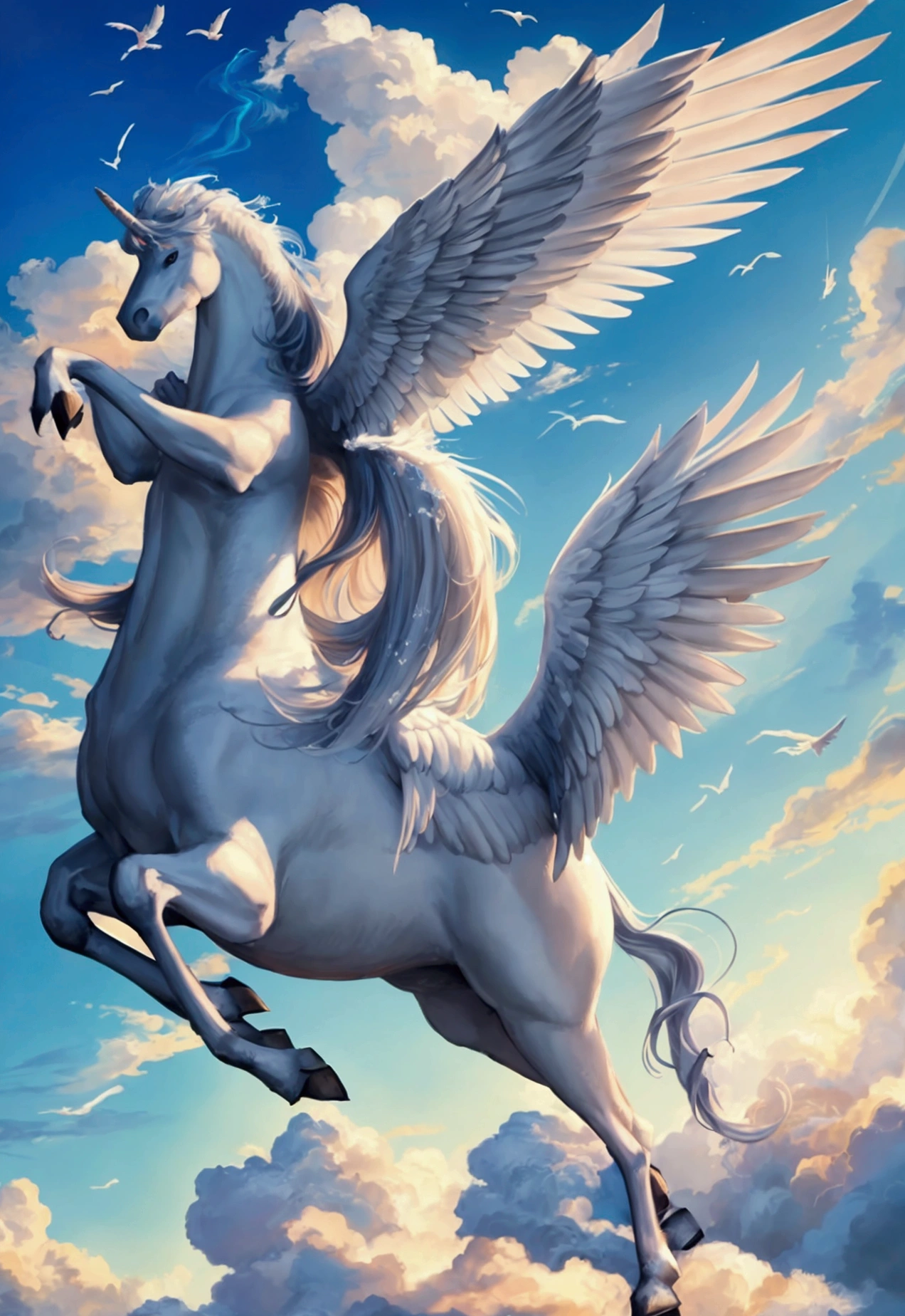 A majestic Pegasus emerges from a cloud of swirling colorful smoke, its wings spread wide as it takes flight.