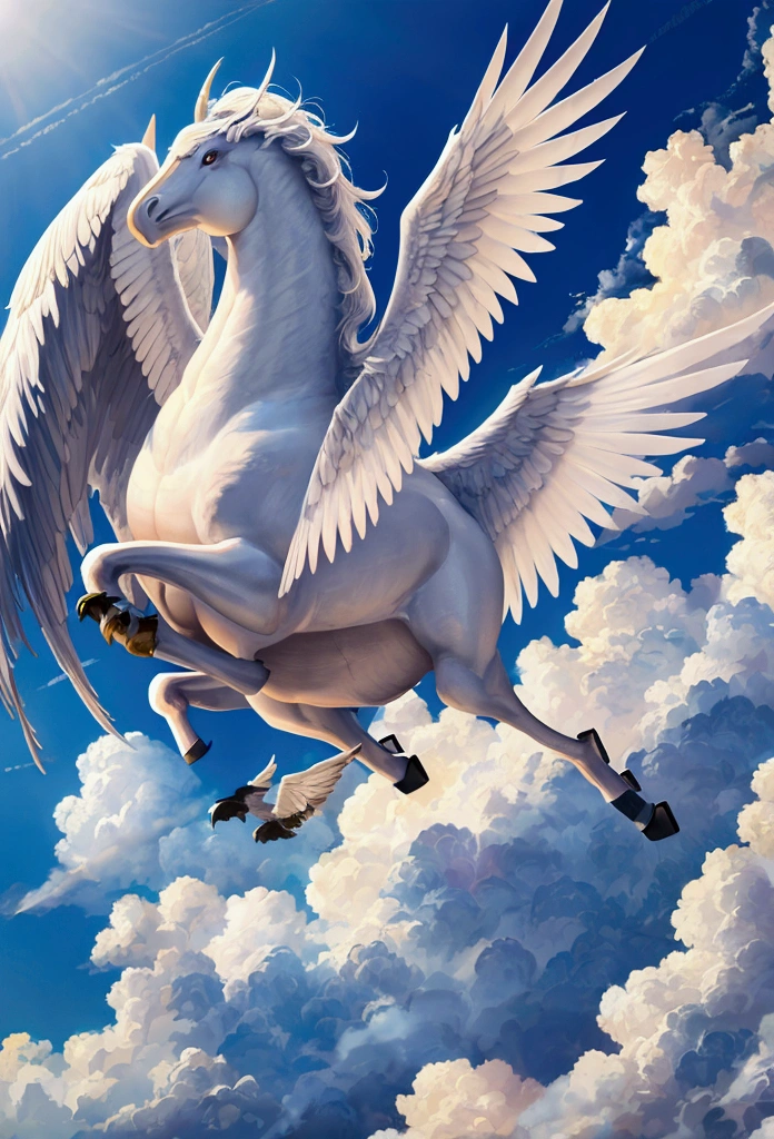 A majestic Pegasus emerges from a cloud of swirling colorful smoke, its wings spread wide as it takes flight.
