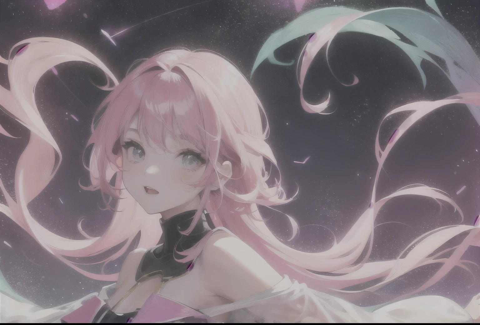 Young woman, pink hair, night sky background, starfall background, stars background, Bottom view.