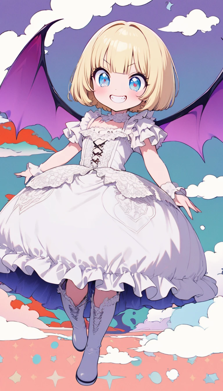 Highest quality, Super quality, 16K, Incredibly absurd, Very detailed, delicate and dynamic, Cute and beautiful cute vampire, Big Blue Eyes, Grin, Short blonde bob cut with bangs, Captivating look, Excited expression, She is wearing a white dress with white lace and frills, White short boots, Best body shape, Big purple wings like a devil or a bat, Red glossy lips, Background of white clouds and pastel colored dots, Pop Art