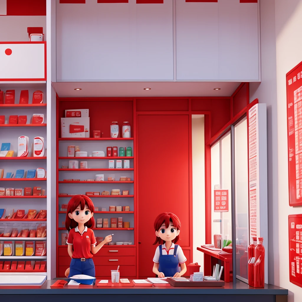 Make a mini mart store with red and white theme and a glass wall. No logo name. A girl employee wearing red polo shirt with stripe of blue on shoulder