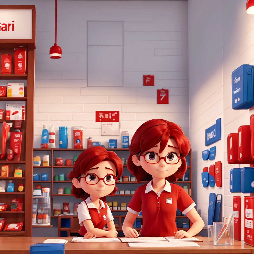 Make a mini mart store with red and white theme and a glass wall. No logo name. A girl employee wearing red polo shirt with stripe of blue on shoulder