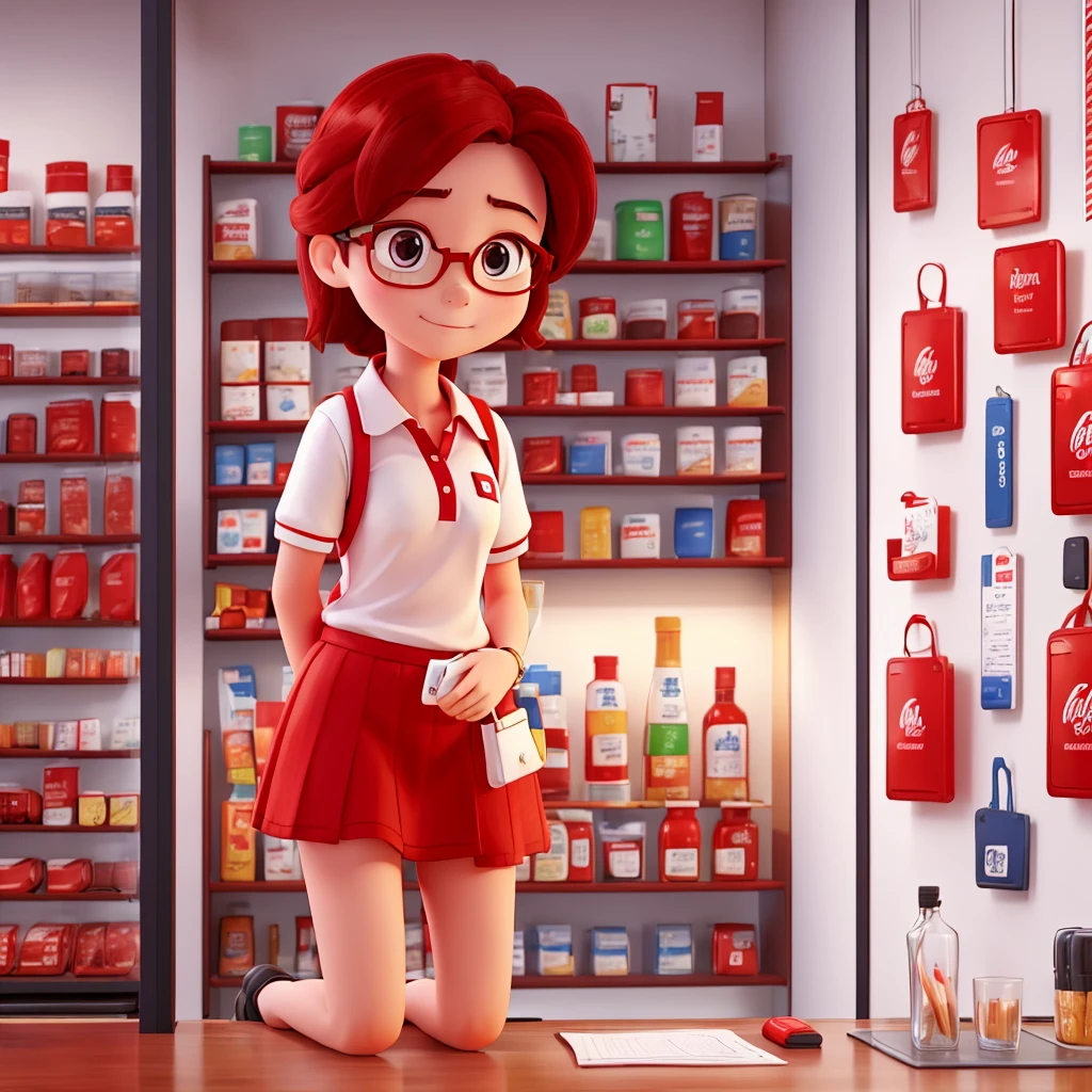 Make a mini mart store with red and white theme and a glass wall. No logo name. A girl employee wearing red polo shirt with stripe of blue on shoulder