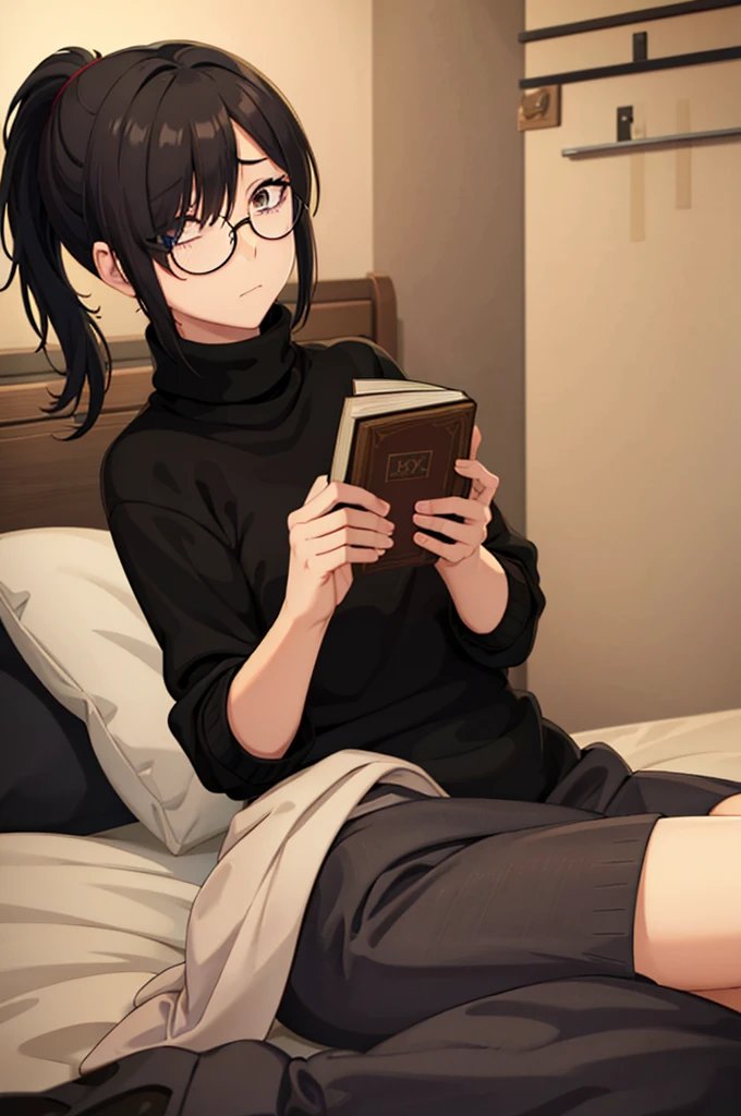 mature woman, hair over one eye, golden eyes, Tomboy, sitting on the ground, black turtleneck sweater, looking at viewer, bed, black short hair with a ponytail, books lying around, bedroom background, round glasses, bags under eyes, tired, reading a book, shy, solo