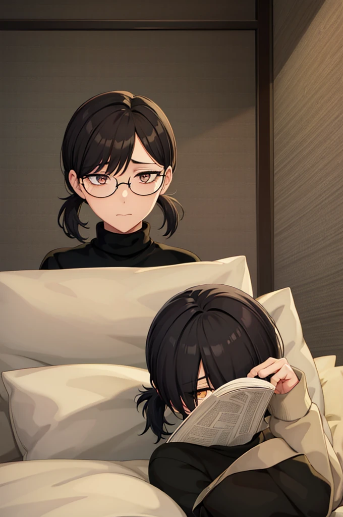 mature woman, hair over one eye, golden eyes, Tomboy, sitting on the ground, black turtleneck sweater, looking at viewer, bed, black short hair with a ponytail, books lying around, bedroom background, round glasses, bags under eyes, tired, reading a book, shy, solo