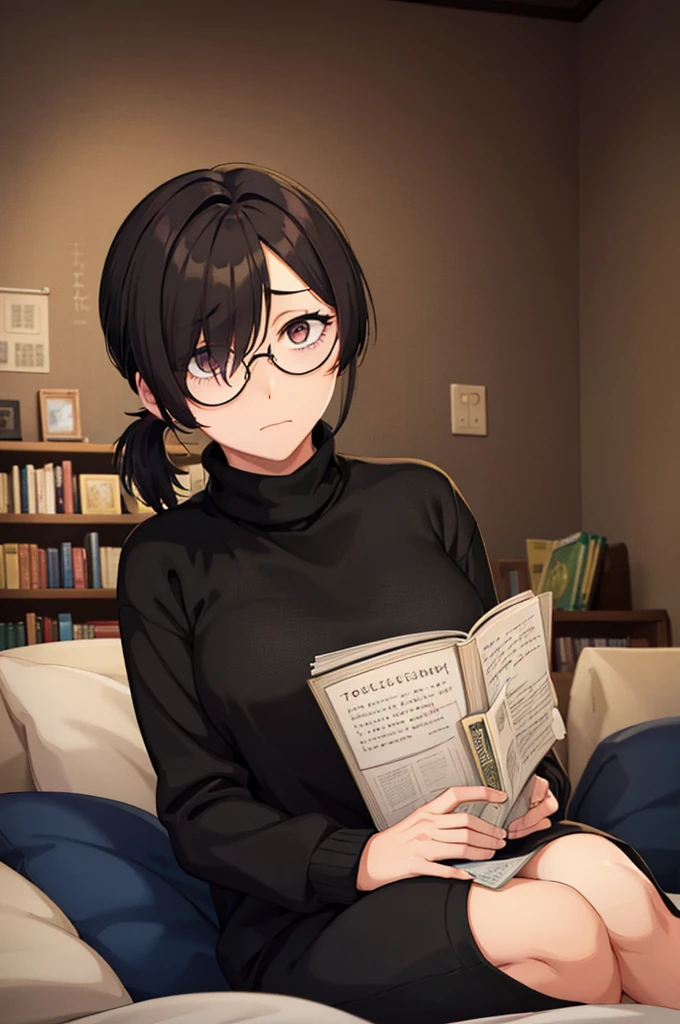 mature woman, hair over one eye, golden eyes, Tomboy, sitting on the ground, black turtleneck sweater, looking at viewer, bed, black short hair with a ponytail, books lying around, bedroom background, round glasses, bags under eyes, tired, reading a book, shy, solo