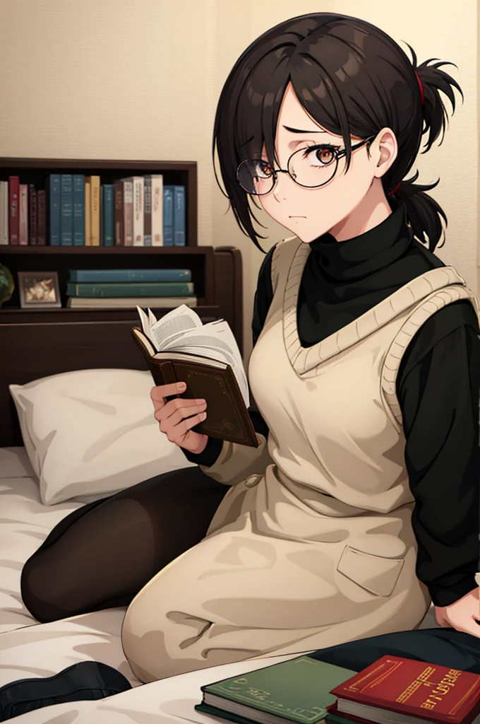 mature woman, hair over one eye, golden eyes, Tomboy, sitting on the ground, black turtleneck sweater, looking at viewer, bed, black short hair with a ponytail, books lying around, bedroom background, round glasses, bags under eyes, tired, reading a book, shy, solo