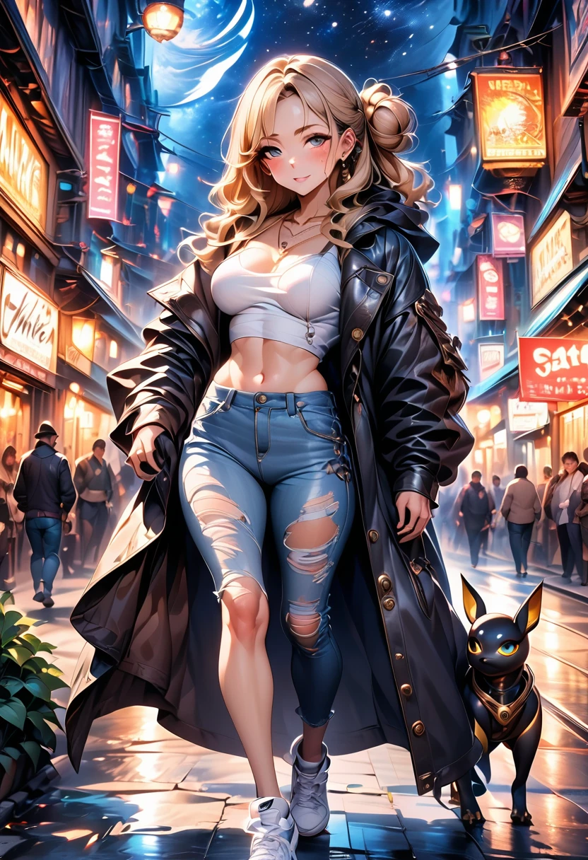 (Fantasy artwork of Umbreon in beautiful human form) 1girl, adult female, human, multiple ear piercing, full-body, tall, hourglass figure, mature, very beautiful and alluring, slightly tanned skin, tattoos, golden long hair with buns hairstyle, bangs that cover one eye with a highlight of dark color resembling umbreon, feline golden eyes, long leather jacket with a hood (steampunk), white top crops, tartarred skinny jeans, sneakers (nike), necklaces, jewellery, sharp gaze, cold attitude, saturday night in front of night clubs background, (detailed background), starry night, cinematic lighting, fantasy, illustration, vibrant colors, (masterpiece:1.2), (best quality:1.2), (very aesthetic:1.2), (absurdres:1.2), newest, intricate details, ai-generated