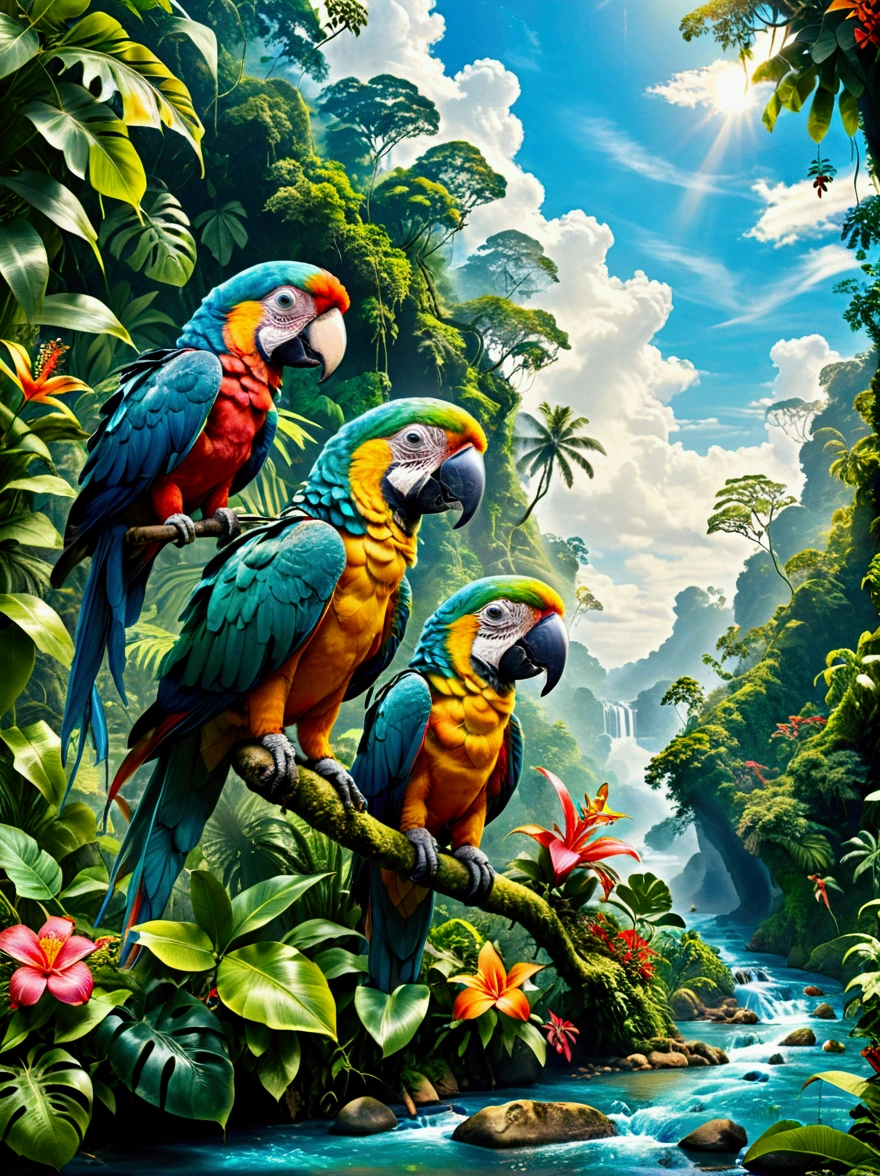 Imagine a colorful jungle adventure scene。A man and a woman,Both are explorers.,Searching for treasure in the jungle,They are surrounded by lush green foliage and colorful exotic flowers.。A brightly colored parrot perched nearby,Bright blue sky in the background can be seen through the jungle canopy,A fast-flowing river runs through the land,The river water sparkles in the tropical sun,This picture should sum up the excitement and beauty of exploring the tropical jungle.