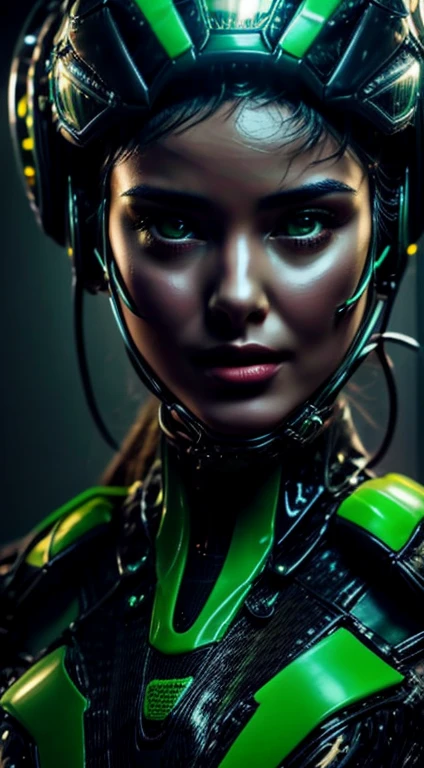 Highest image quality, outstanding details, ultra high resolution, (Realism: 1.4), best illustration, I prefer details, very tight 1 girl, with a gentle and beautiful face, dressed in short erotic black and green fur sfw, in a mechanical helmet, holding a direction controller, riding a motorcycle, background - high-tech light scene of the city of the futurefuture,