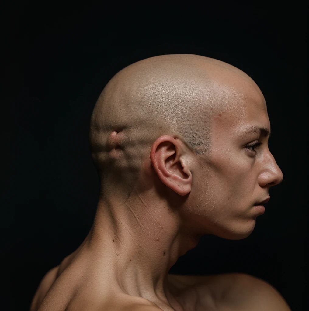 Portrait of hairless boy in profile with dark background