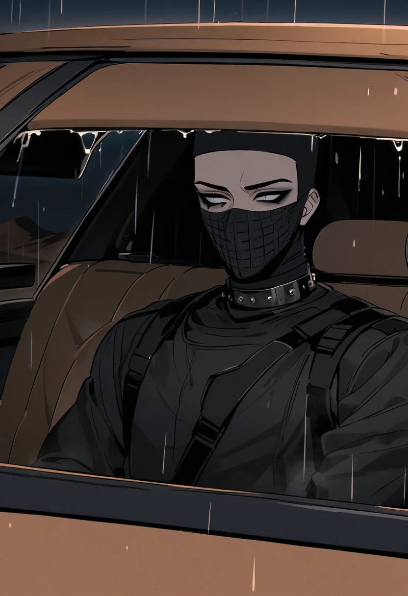 Male arab modern terrorist, terrorist, black balaclava, black bandage, black clothes, thin waist, femboy, light skin, makeup, black eyeliner, big eyelashes, black eyeshadow, metal choker, inside the car, desert, night, rain