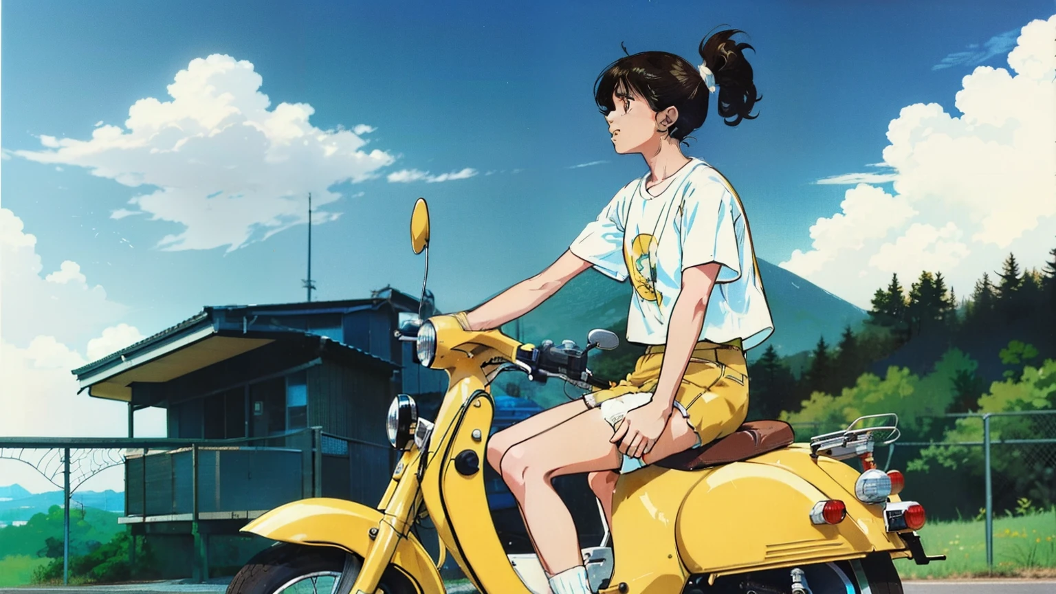 (Retro, anime-inspired art style creates a calm and peaceful atmosphere、sitting on vintage yellow retro scooter near railing:2、Pictured alone:2、The face is the one in the photo/At about 10, even the shoes are visible.:2、My hair is blowing in the wind:1.4)
View of modern city skyline and green hills in the background、
Woman in white T-shirt、Brown shorts、Wearing white socks、、