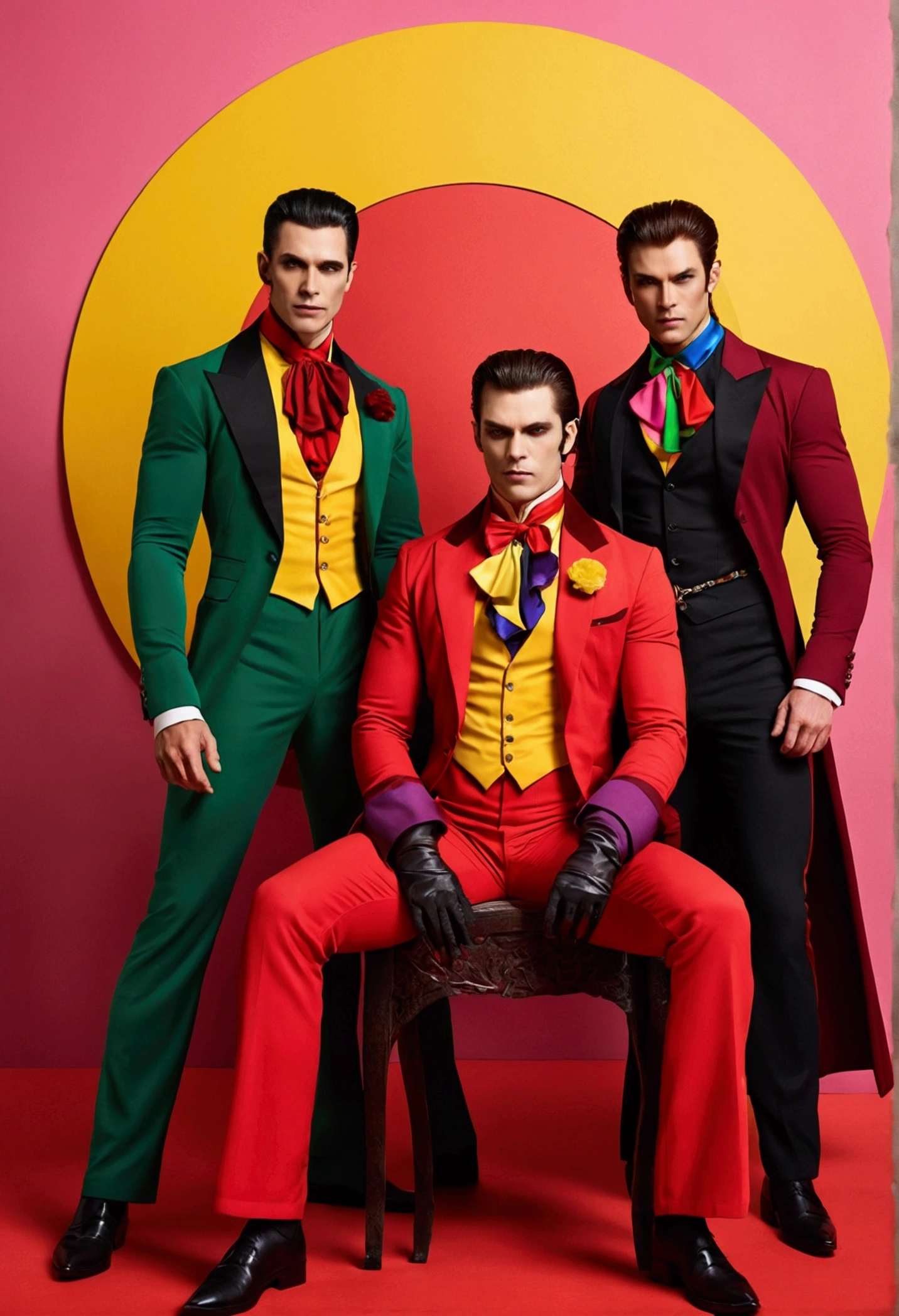 VAMPIRE XMEN IN P[AND THEIR TRADITIONAL CLOTHES, COLANTE DESTEMIDA uma roda de rainbow colorida com corações em um fundo rosa, colorful with red hues, red green yellow color scheme, rainbow, red and orange color scheme, colorful mood, yellow and red color scheme, rich colourful, Esquema de cores do rainbow, 🐋 as 🐘 as 🤖 as 👽 as 🐳, red and yellow scheme, red and yellow color scheme