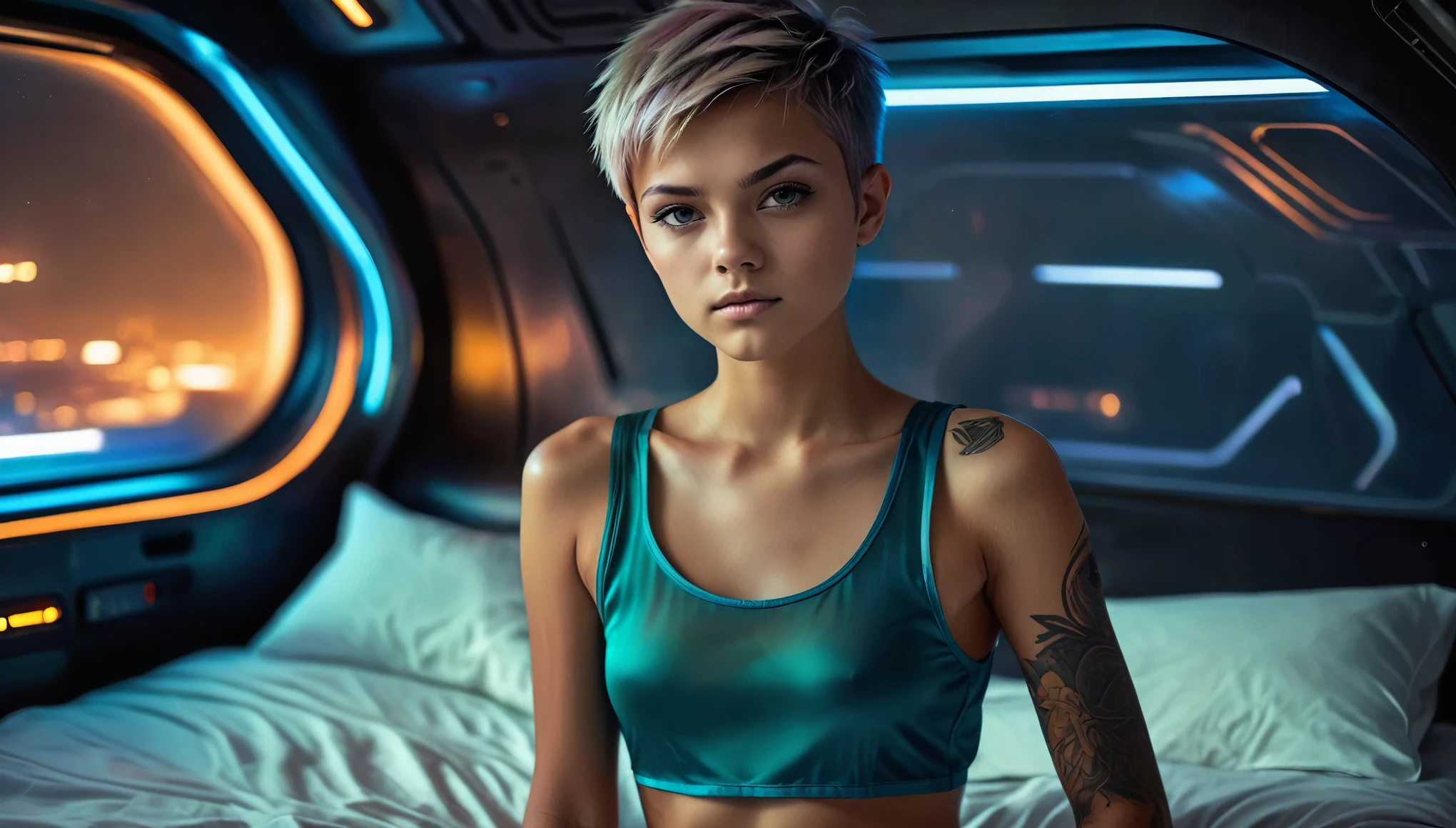 Top Quality, Masterpiece, High Resolution, 8k, wide objective, ((ager, 15 Yrely legal)), (Tanned Skin Tone), ((girl in sheer silky oversized Tank Top, side boob, wide neckline, deep neckline, shiny boxers)), ((bare belly, small perky breasts, detailed face, detailed eyes, thin eyebrow, detailed lips, small hips, no makeup, some tattoos)), (Tomboy Style, tomboyish), (randowm short hair style, straight hair, short pixie cut hair), (((in a spaceship on the bed, moody atmosphere, dim light, dramatic and neon colors, futuristic setting, intricate details, at night, random pose, neon colors))), full body view