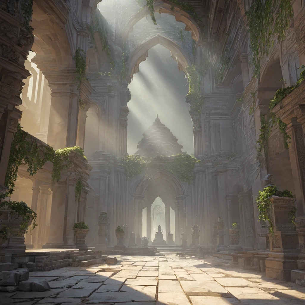 a fantasy abandoned temple interior, detailed architecture, dilapidated building, crumbling walls, worn stone floors, intricate carvings, overgrown vines, shafts of light streaming through windows, mystical atmosphere, cinematic lighting, dramatic shadows, muted color palette, (best quality,4k,8k,highres,masterpiece:1.2),ultra-detailed,(realistic,photorealistic,photo-realistic:1.37),3d render,highly detailed,volumetric lighting,intricate details,epic scale